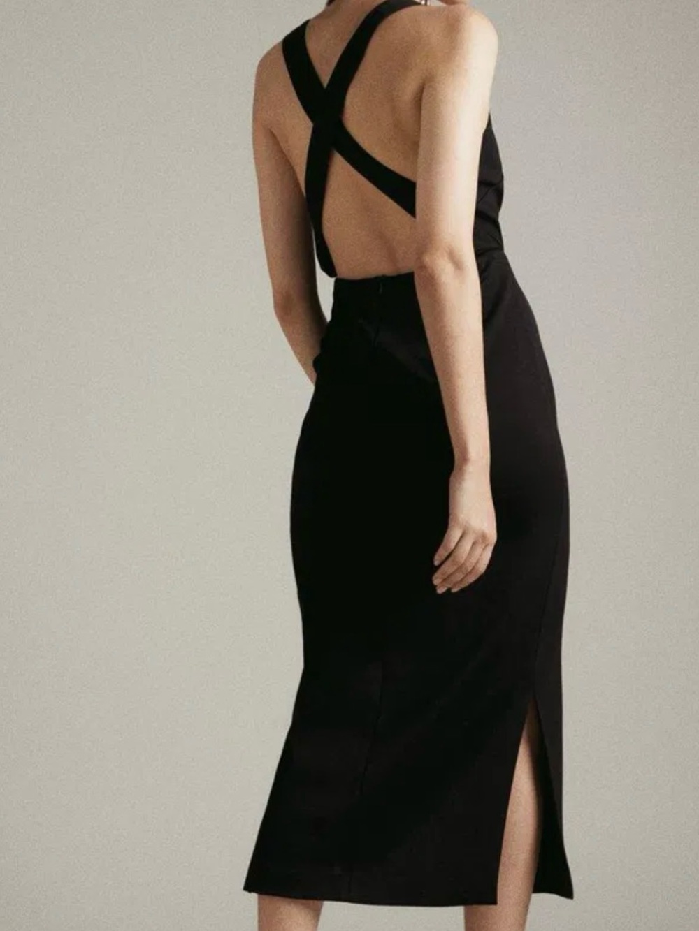 Karen Millen Black Cross-Back Midi Dress with Side Slit